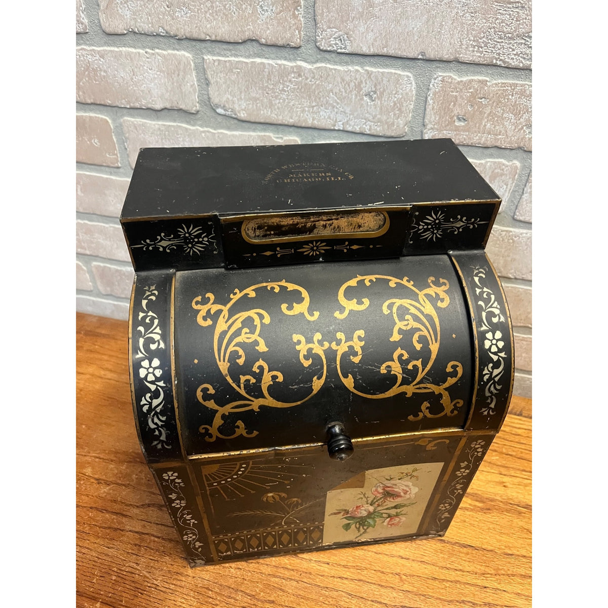 Vintage General Store Countertop Bin With Roll-Back Lid and Floral Filigree Decoration North Western Can Co. Chicago, Ill. Illinois