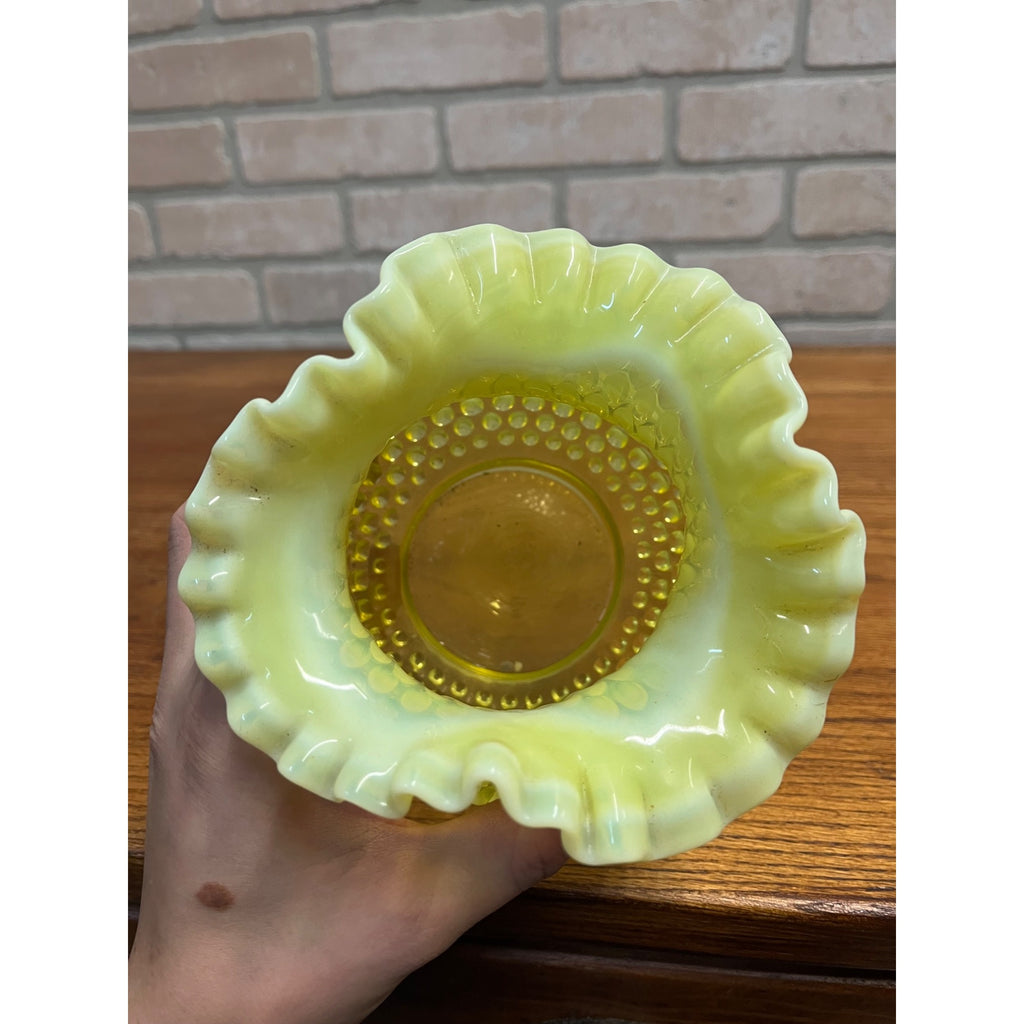Vintage Fenton Topaz Opalescent Hobnail Ruffle Uranium Rose Bowl Vase