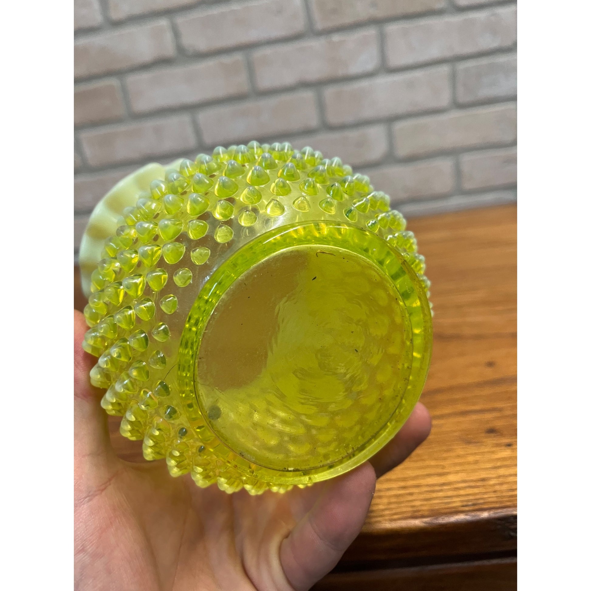 Vintage Fenton Topaz Opalescent Hobnail Ruffle Uranium Rose Bowl Vase