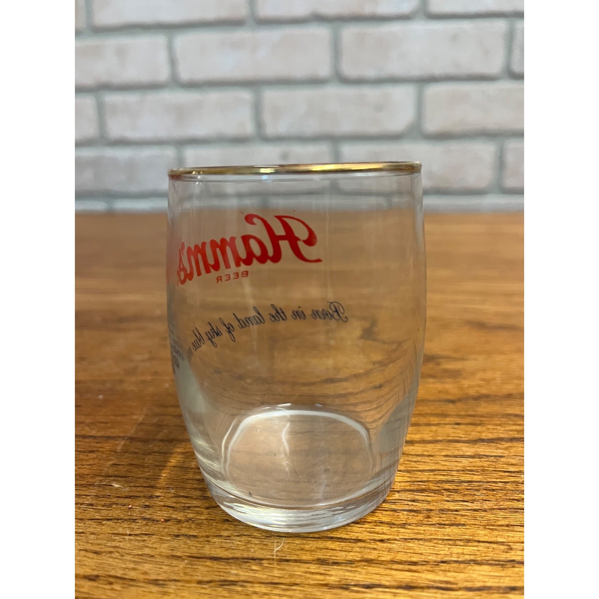 Vintage Hamm's Beer Sample Barrel Glass Tavern Bar 3.25" "Born in Land of Sky.."