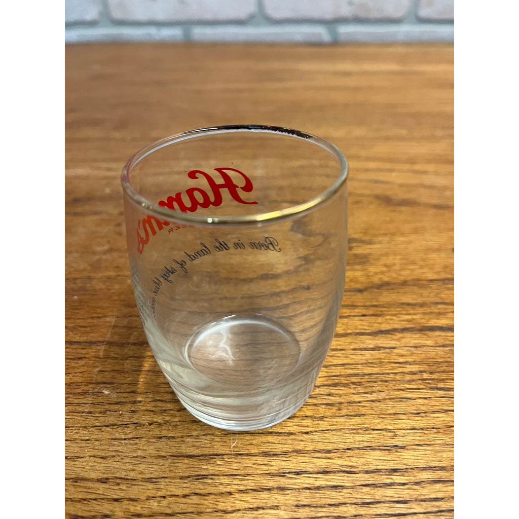 Vintage Hamm's Beer Sample Barrel Glass Tavern Bar 3.25" "Born in Land of Sky.."