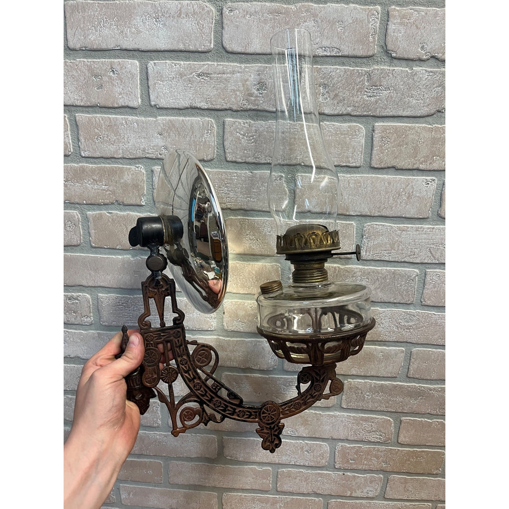 Antique Victorian Cast Iron Wall Bracket Oil Lamp Swing Arm Complete
