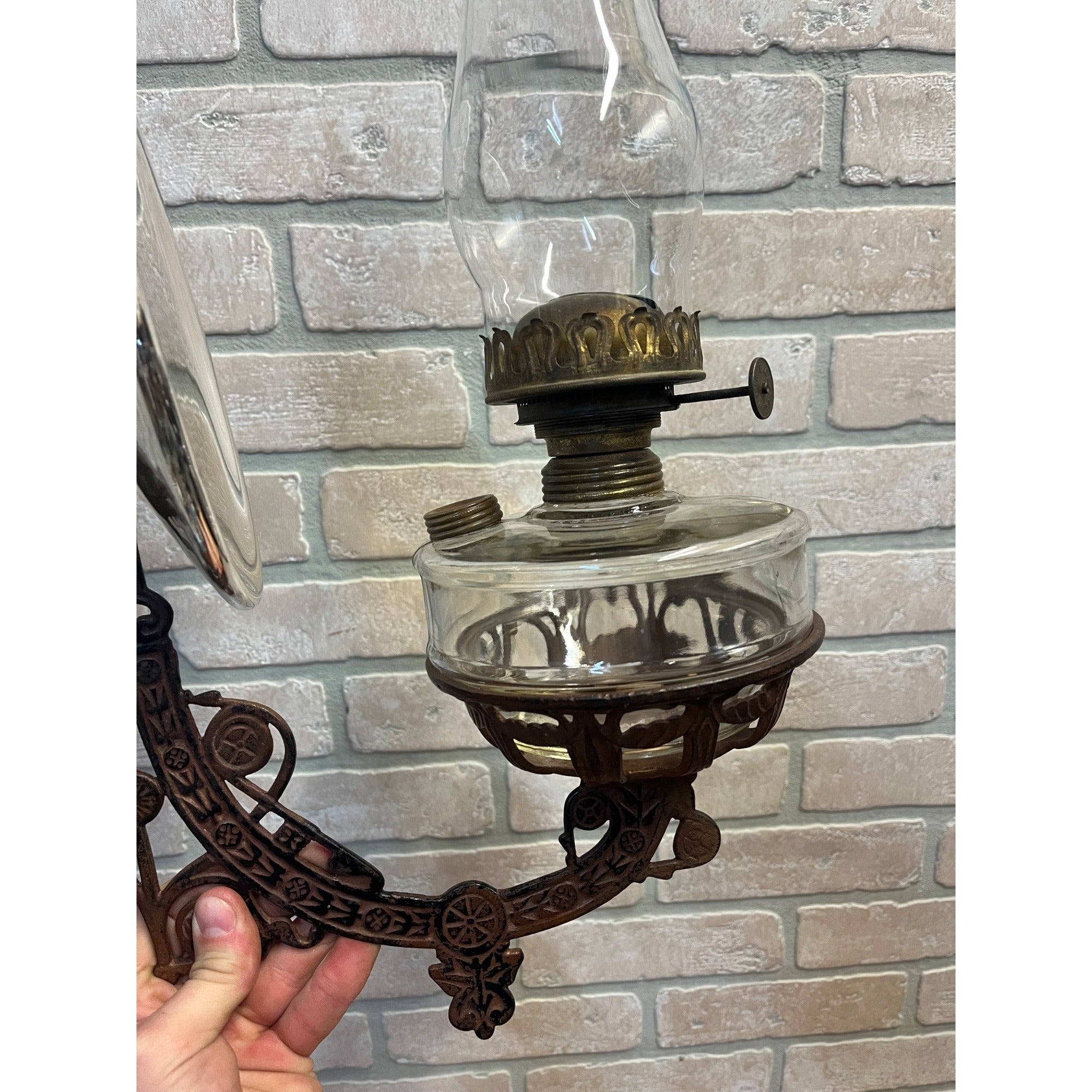Antique Victorian Cast Iron Wall Bracket Oil Lamp Swing Arm Complete