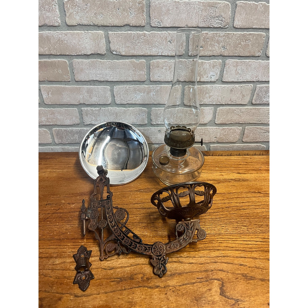 Antique Victorian Cast Iron Wall Bracket Oil Lamp Swing Arm Complete