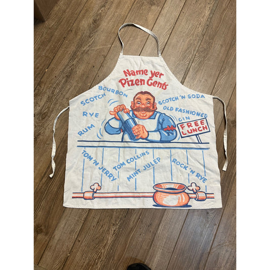 Vintage 1960s Bartender Apron "Name Yer Pizen Gents" Bar Keeper Cocktails