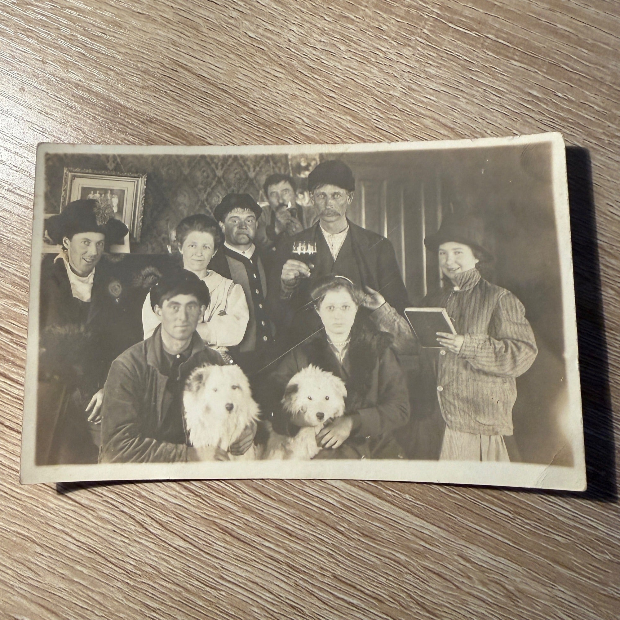 RPPC Postcard PH Trakat Portrait Men Drinking Family Dogs West Bend Wis