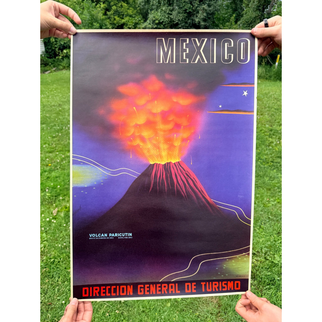 Original 1940s Mexico Parícutin Volcano Poster Vintage Art 19" x 27"