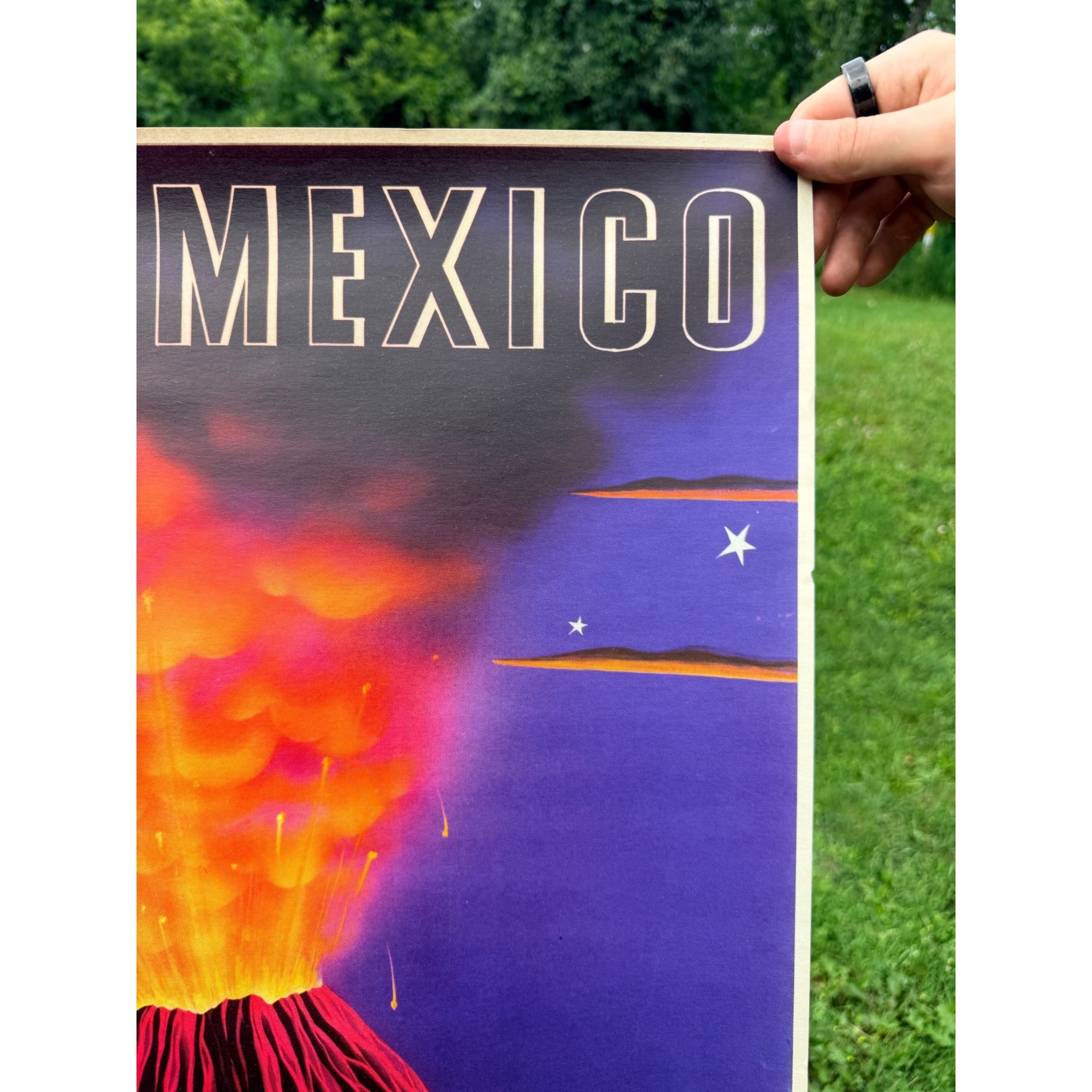 Original 1940s Mexico Parícutin Volcano Poster Vintage Art 19" x 27"