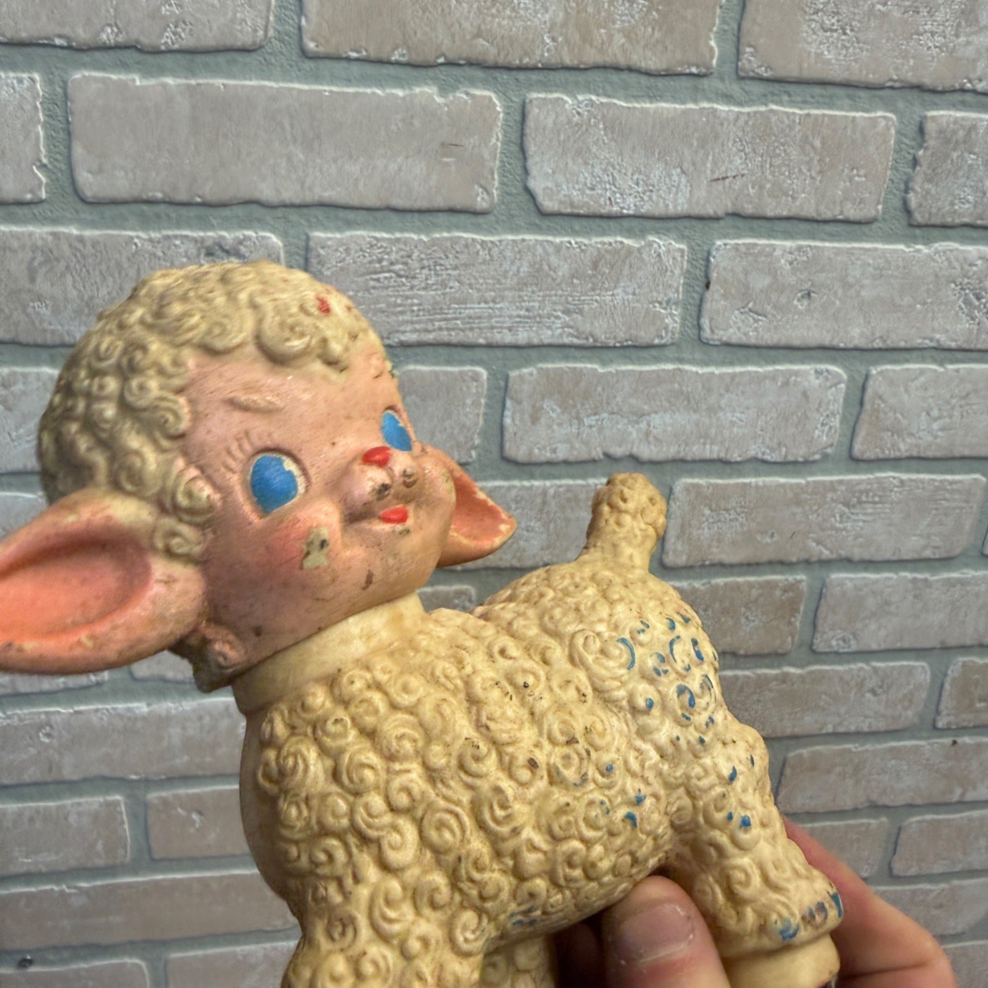Vintage 50s Rubber Squeak Lamb Toy Sun Rubber Co. Squeaker Works 1955