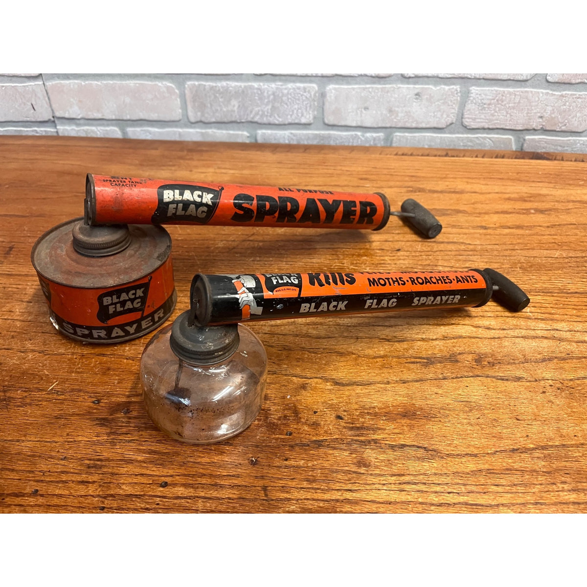 Vintage Black Flag Bug Sprayer Tin Insect Killer Spray Pump Cans (2) Advertising