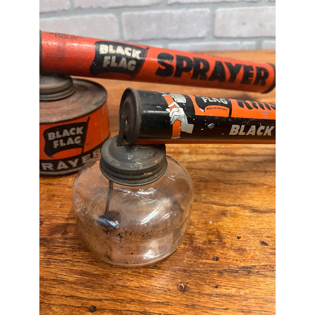 Vintage Black Flag Bug Sprayer Tin Insect Killer Spray Pump Cans (2) Advertising