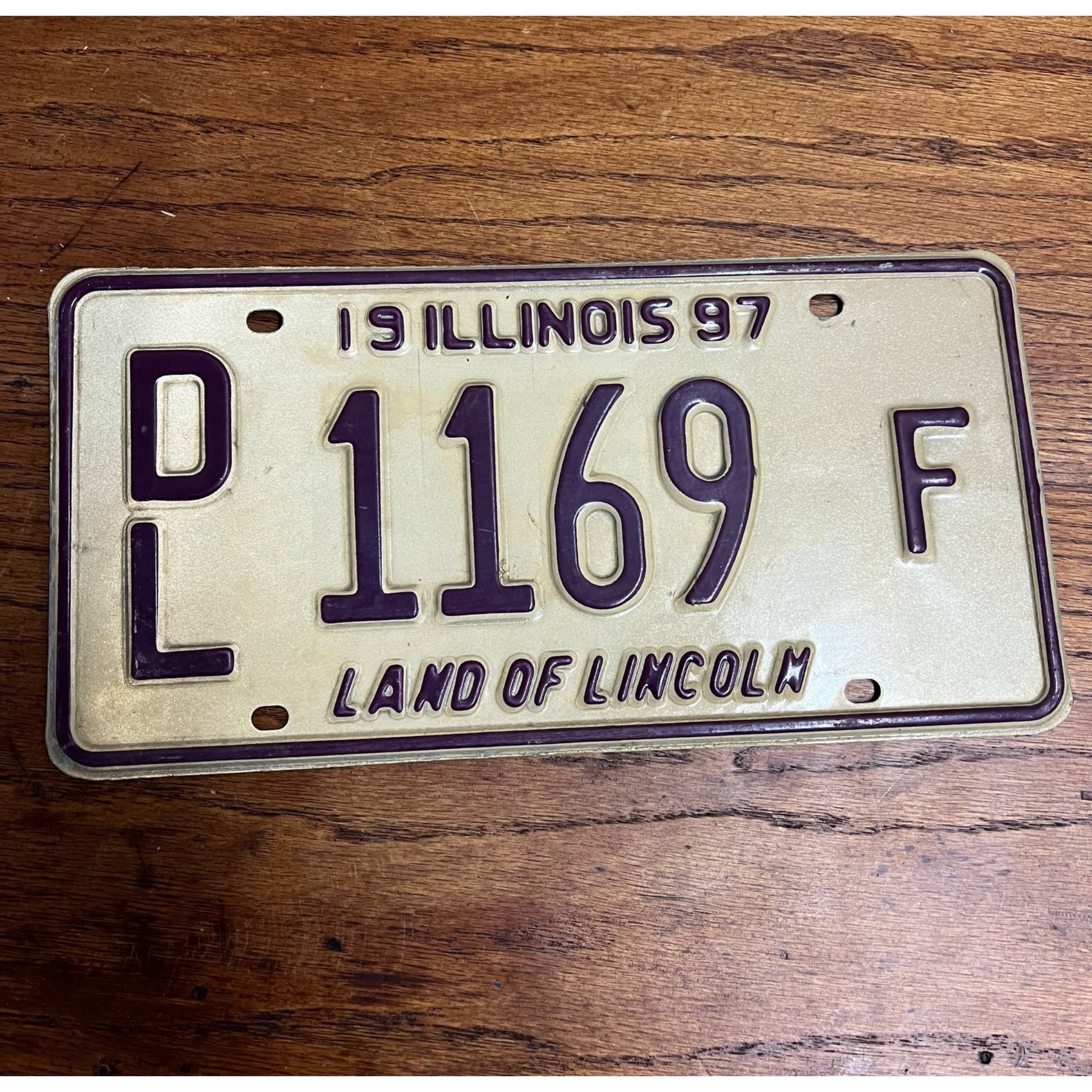 Original 1997 Illinois Dealer Dealership License Plate DL 1169 Purple Beige
