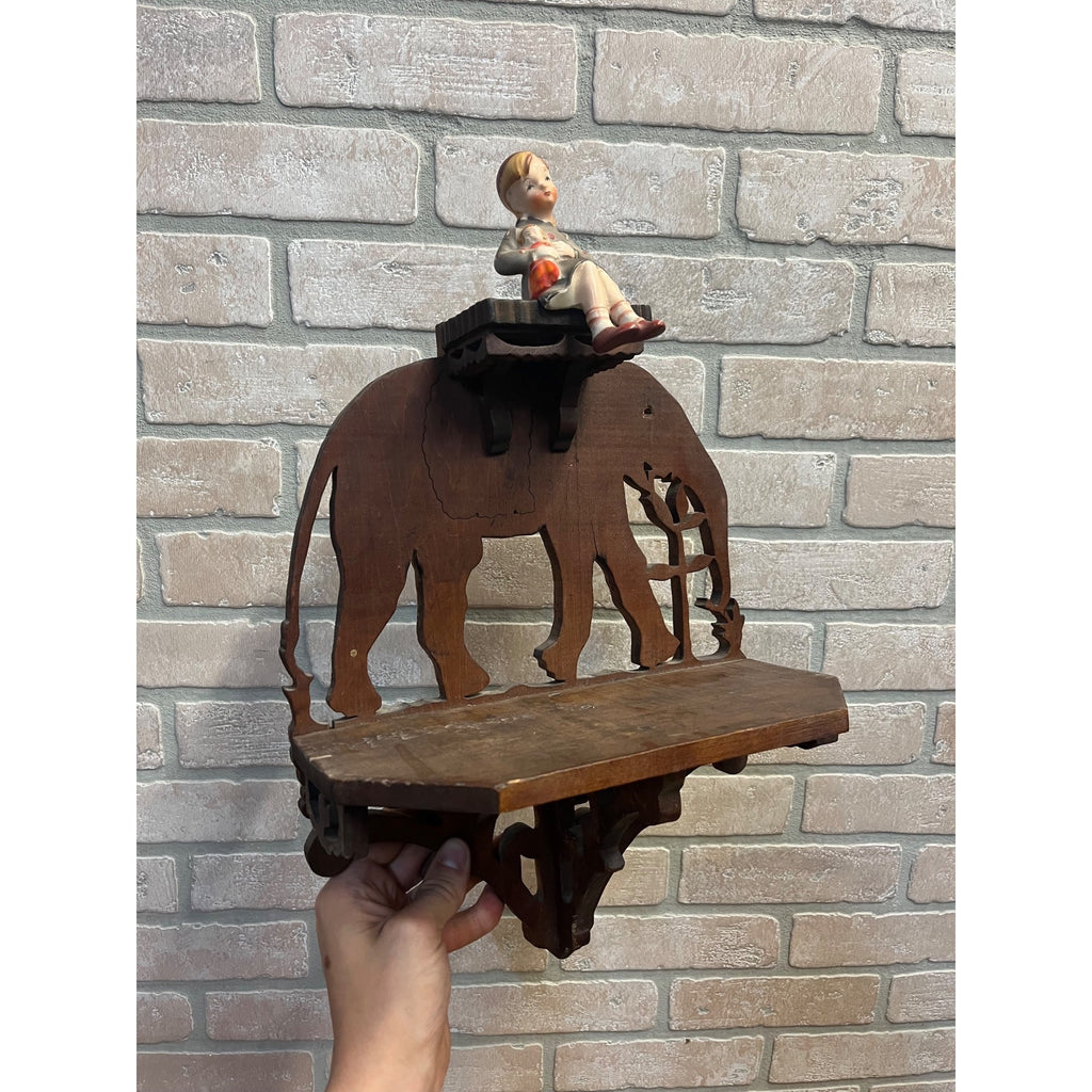 Vintage Black Forest Style Elephant Wall Shelf Carved Wood Folk Art w/ Rider