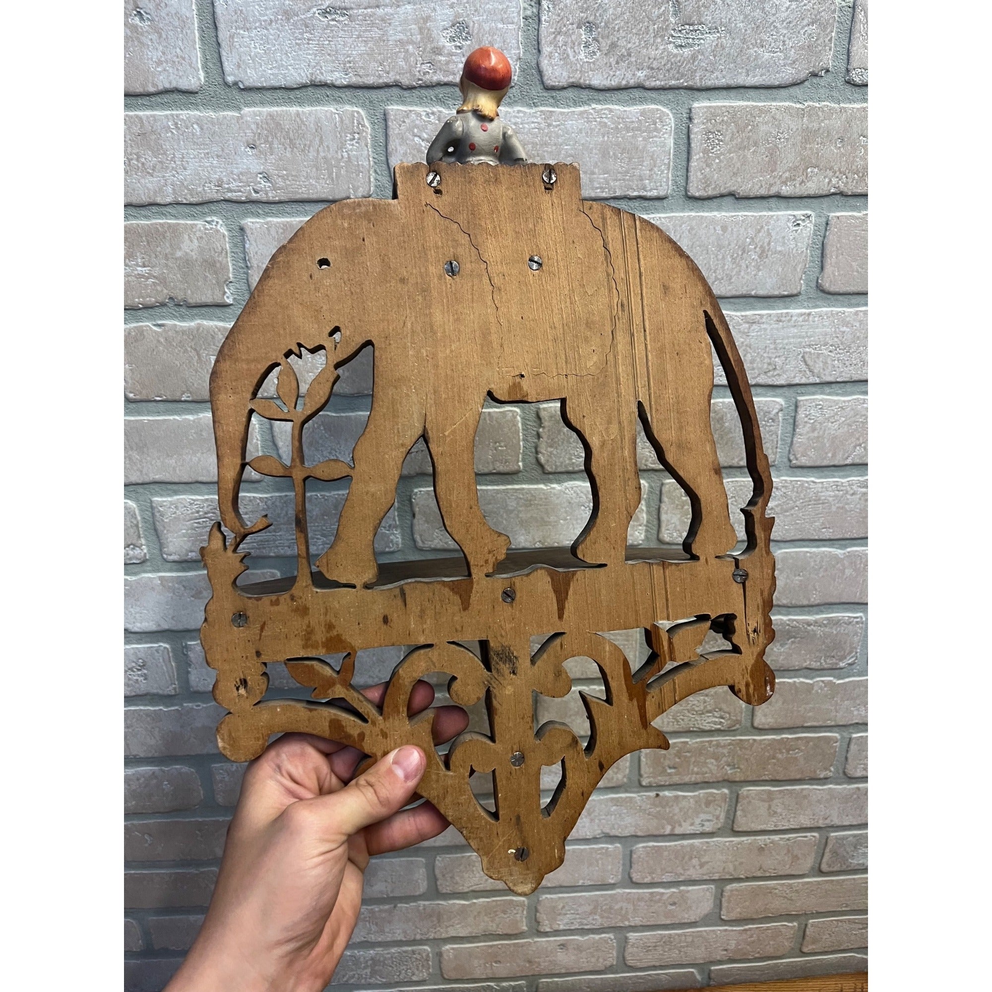 Vintage Black Forest Style Elephant Wall Shelf Carved Wood Folk Art w/ Rider