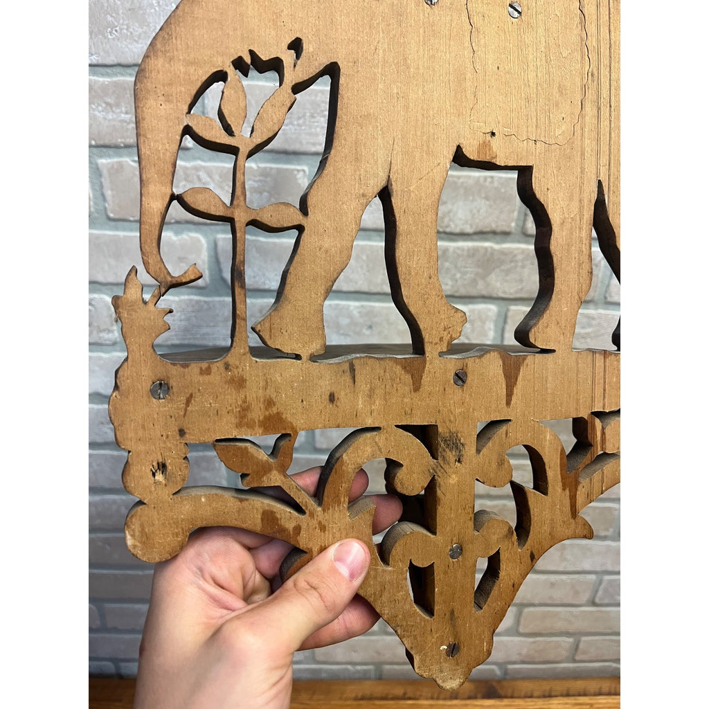 Vintage Black Forest Style Elephant Wall Shelf Carved Wood Folk Art w/ Rider