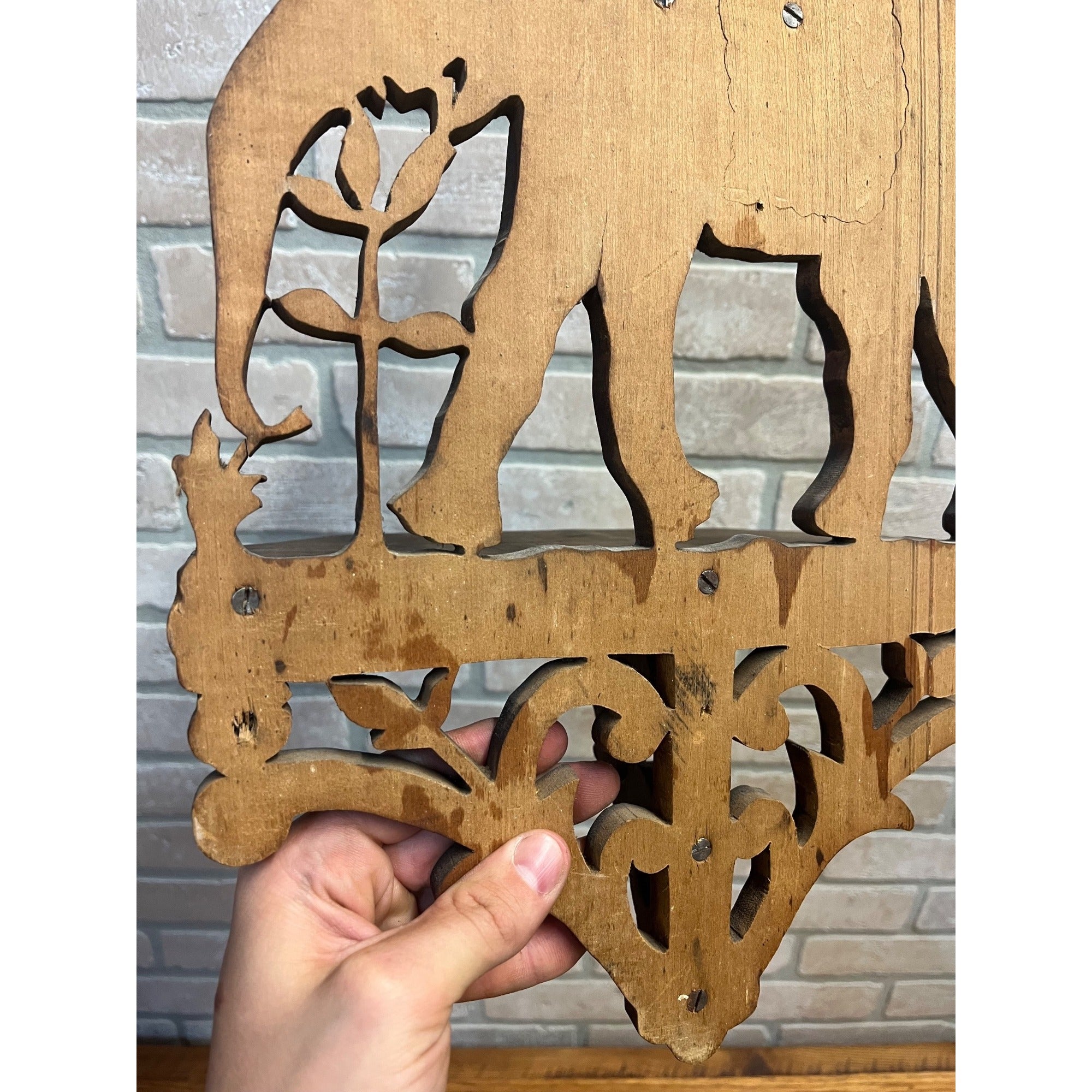 Vintage Black Forest Style Elephant Wall Shelf Carved Wood Folk Art w/ Rider