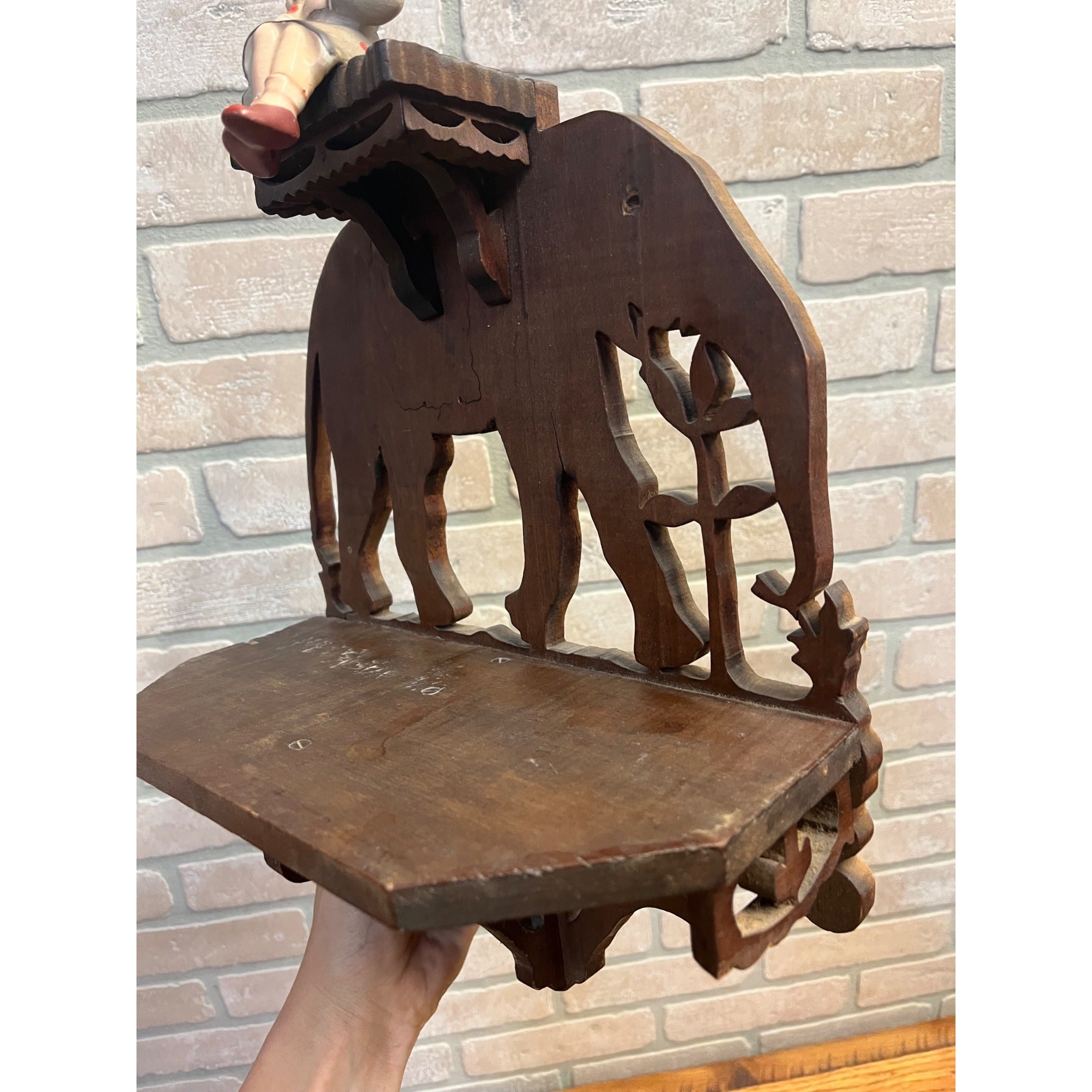 Vintage Black Forest Style Elephant Wall Shelf Carved Wood Folk Art w/ Rider