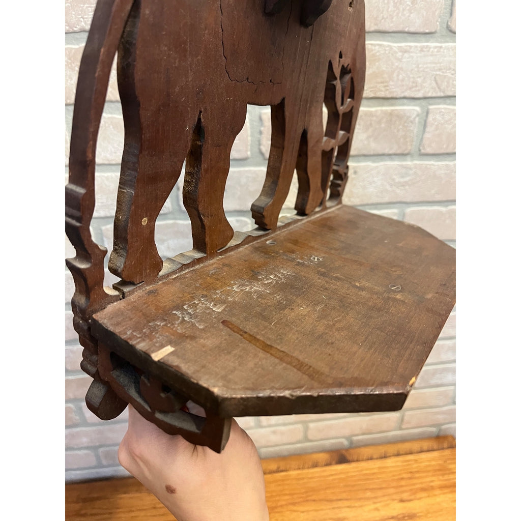 Vintage Black Forest Style Elephant Wall Shelf Carved Wood Folk Art w/ Rider