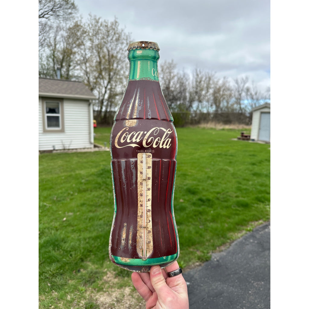 Vintage Coca Cola Bottle Advertising Tin Metal Thermometer Sign Robertson 16.5"
