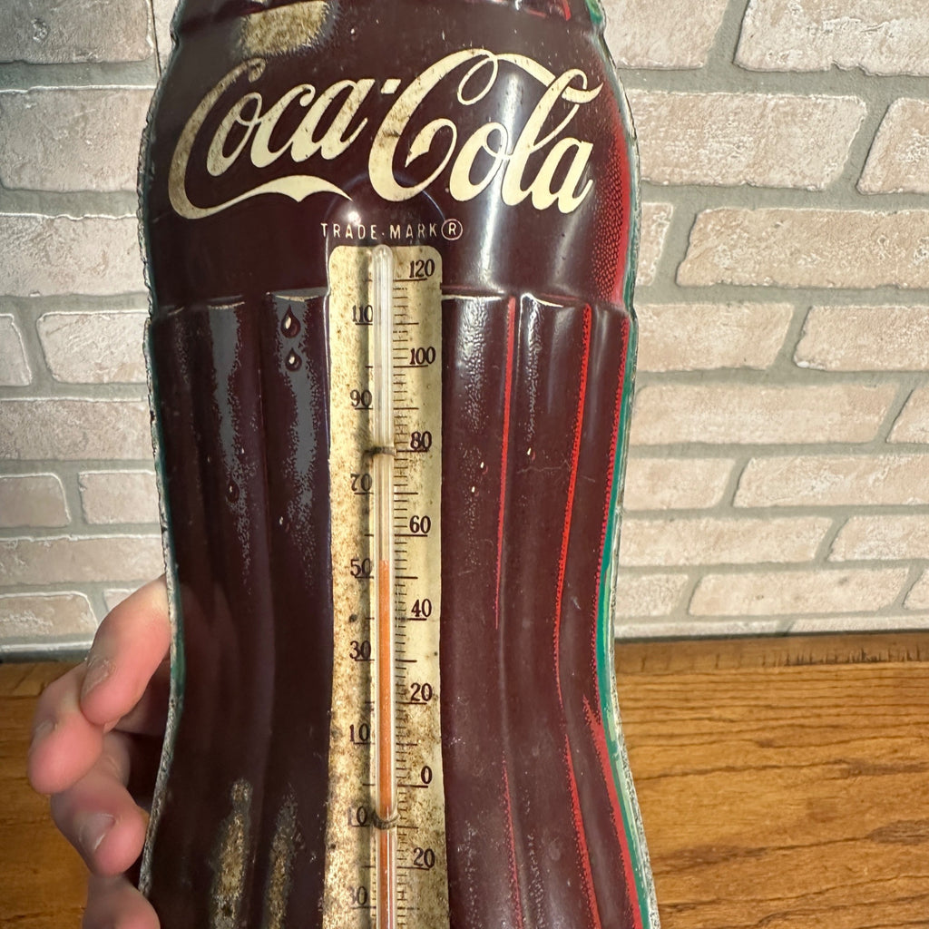 Vintage Coca Cola Bottle Advertising Tin Metal Thermometer Sign Robertson 16.5"