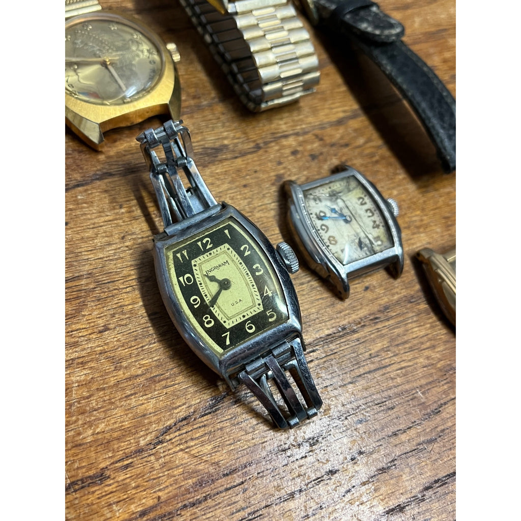 Vintage Men's Wristwatch Lot Parts/Repair Watches Ingraham Deco, Elgin, Pulsar +