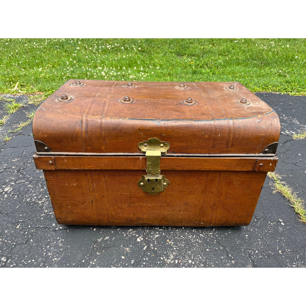 Antique Pressed Steel Model T Auto Touring Trunk Faux Leather Painted Car Chest