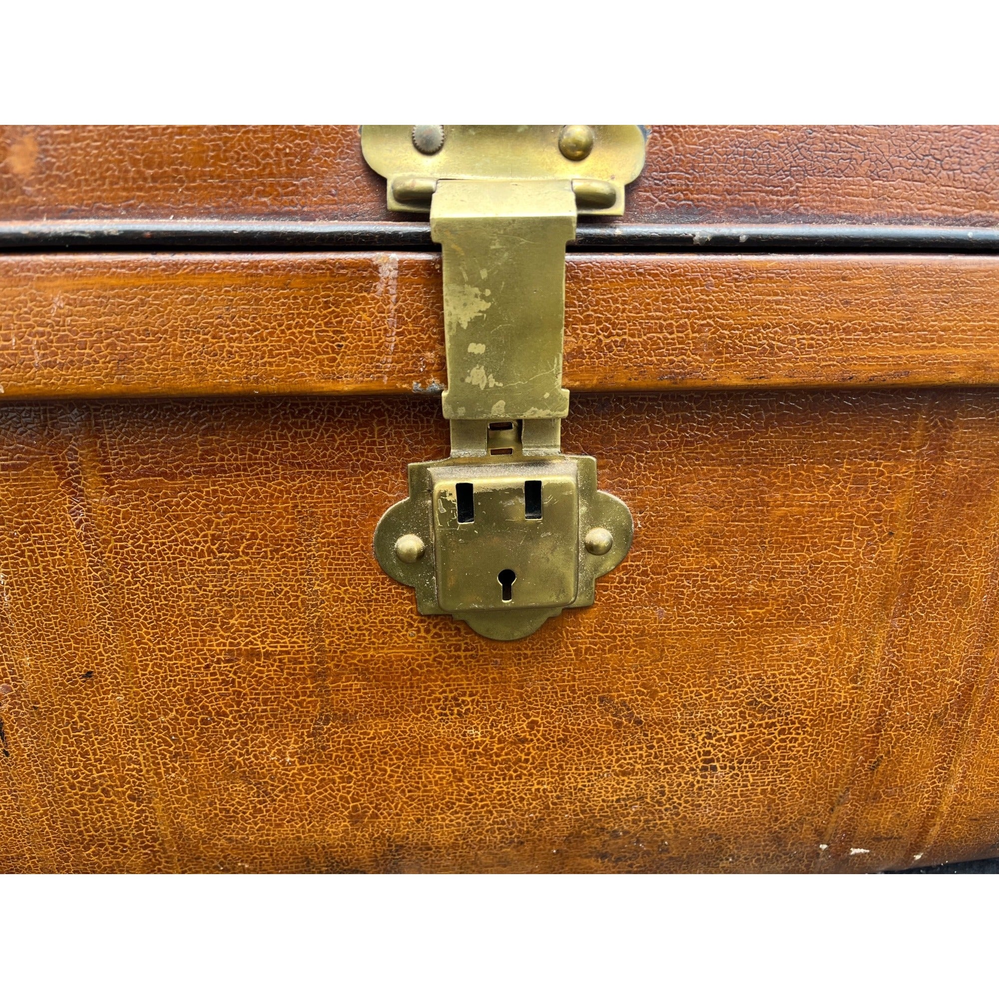 Antique Pressed Steel Model T Auto Touring Trunk Faux Leather Painted Car Chest
