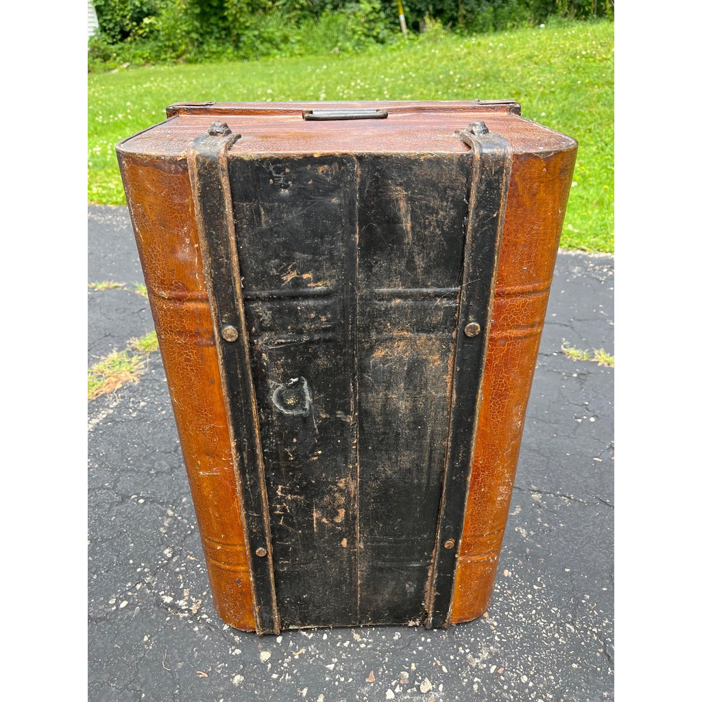 Antique Pressed Steel Model T Auto Touring Trunk Faux Leather Painted Car Chest