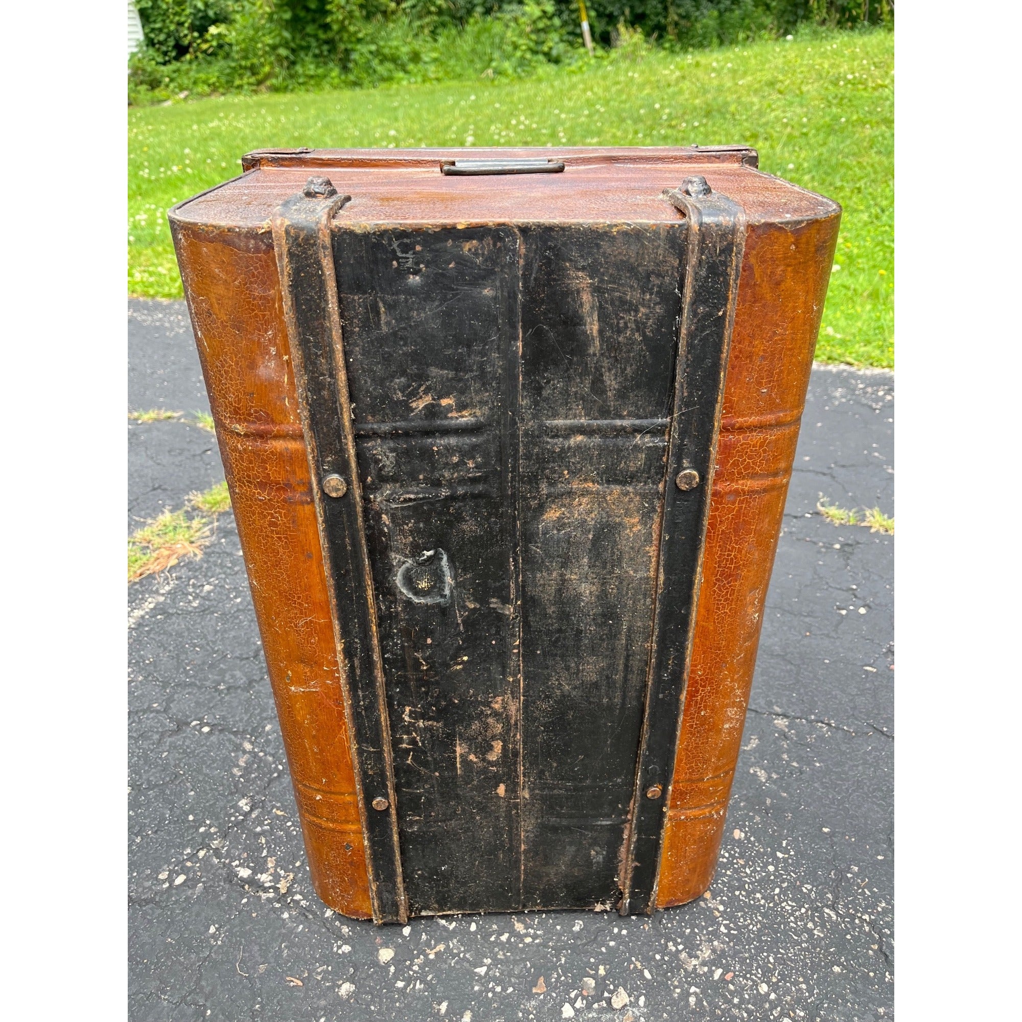 Antique Pressed Steel Model T Auto Touring Trunk Faux Leather Painted Car Chest