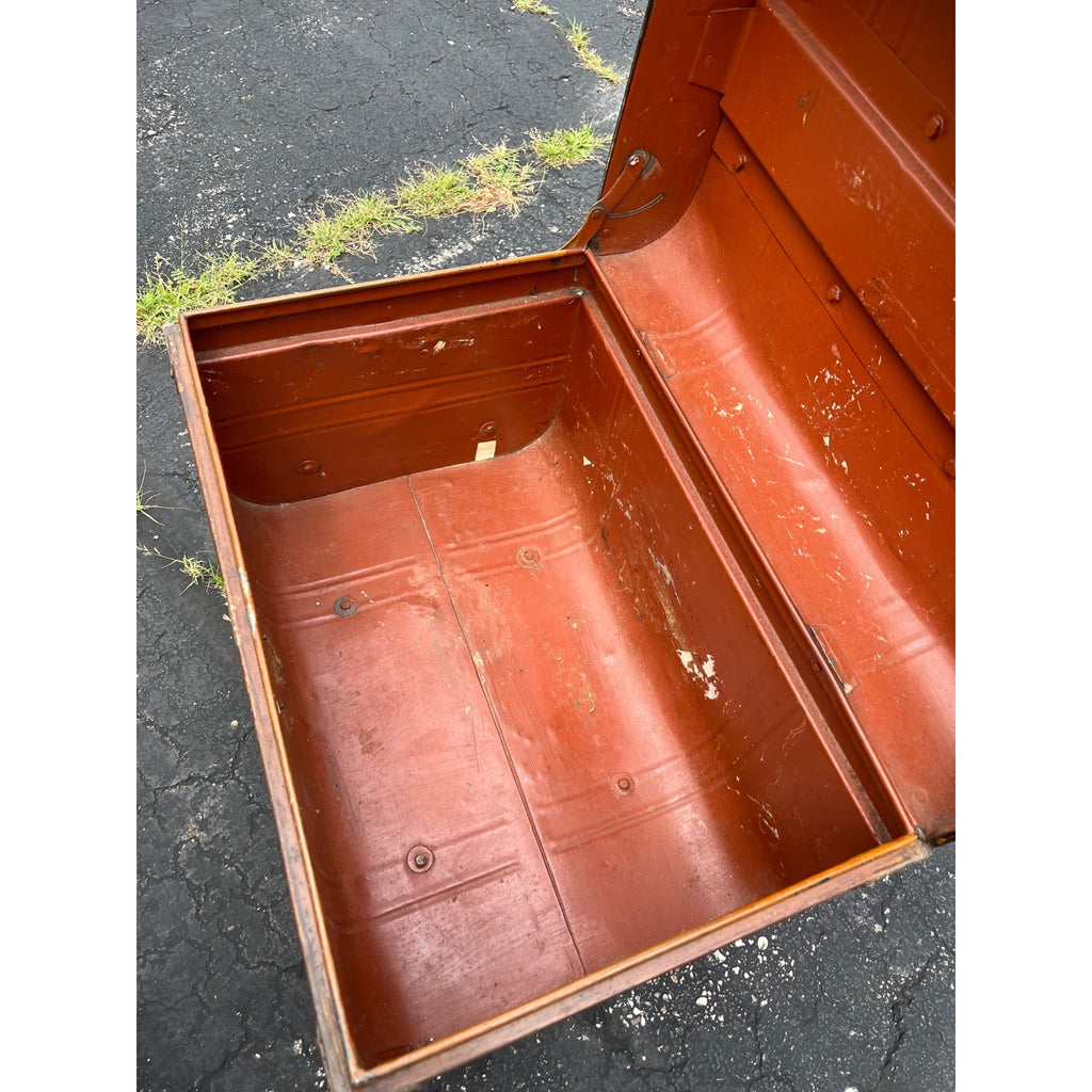 Antique Pressed Steel Model T Auto Touring Trunk Faux Leather Painted Car Chest