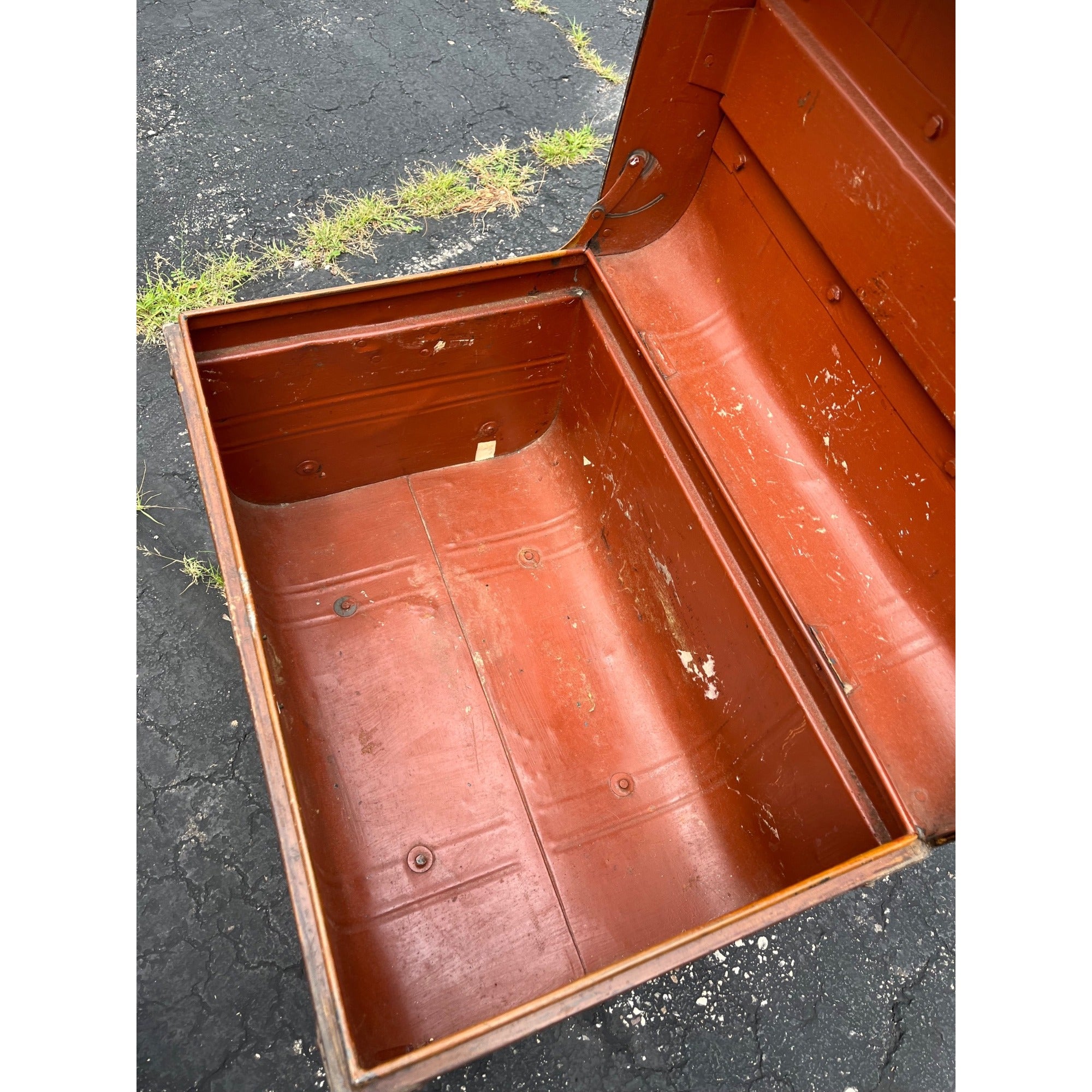 Antique Pressed Steel Model T Auto Touring Trunk Faux Leather Painted Car Chest