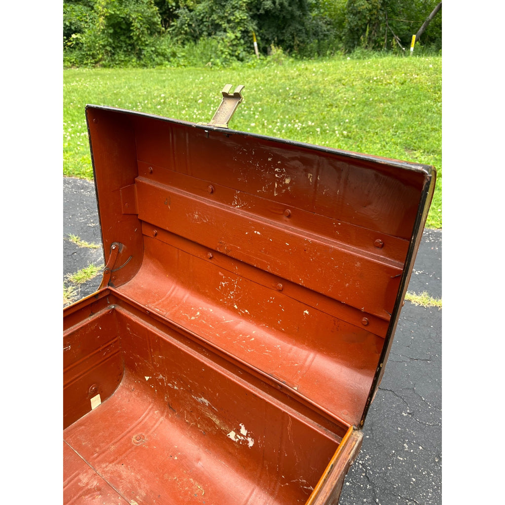 Antique Pressed Steel Model T Auto Touring Trunk Faux Leather Painted Car Chest
