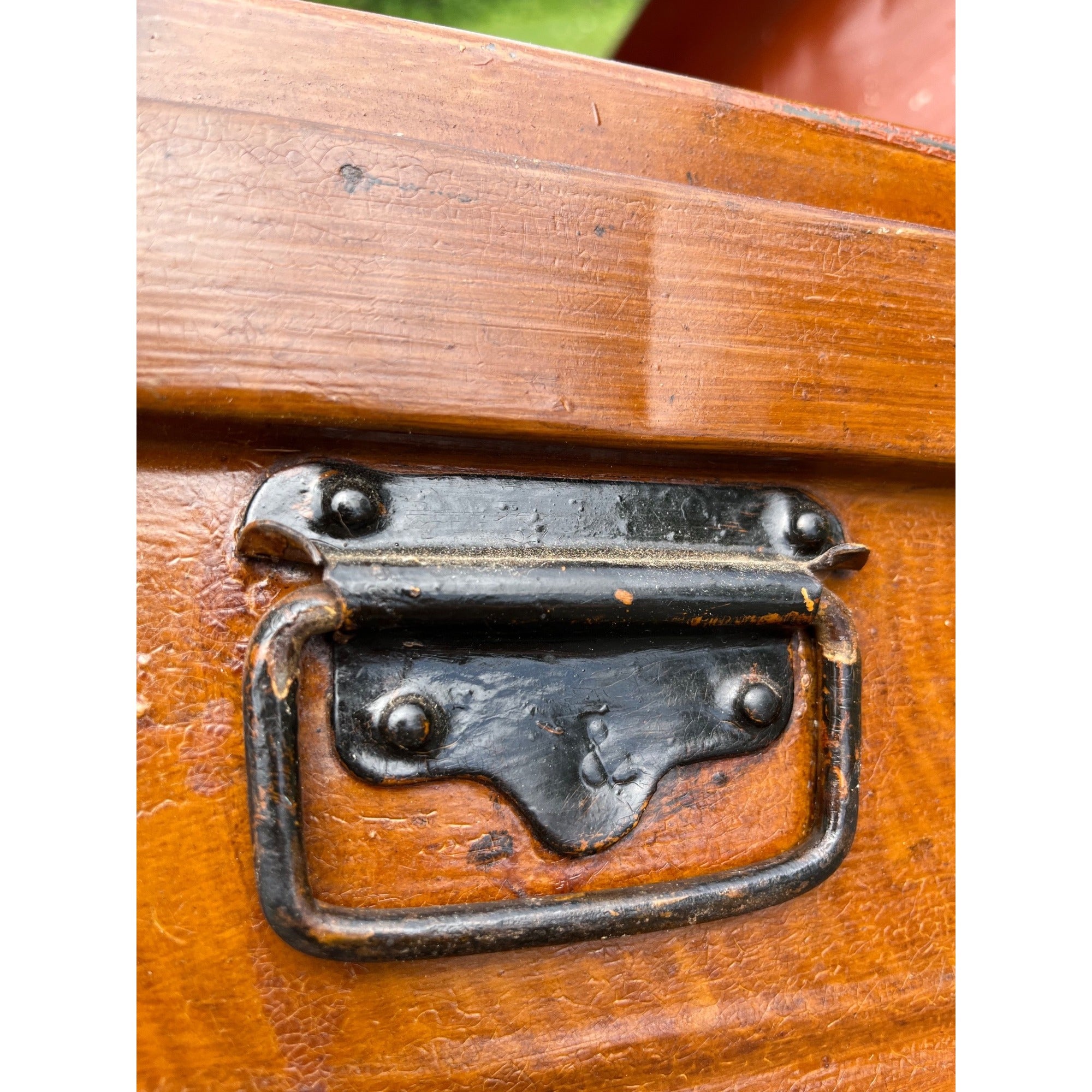 Antique Pressed Steel Model T Auto Touring Trunk Faux Leather Painted Car Chest