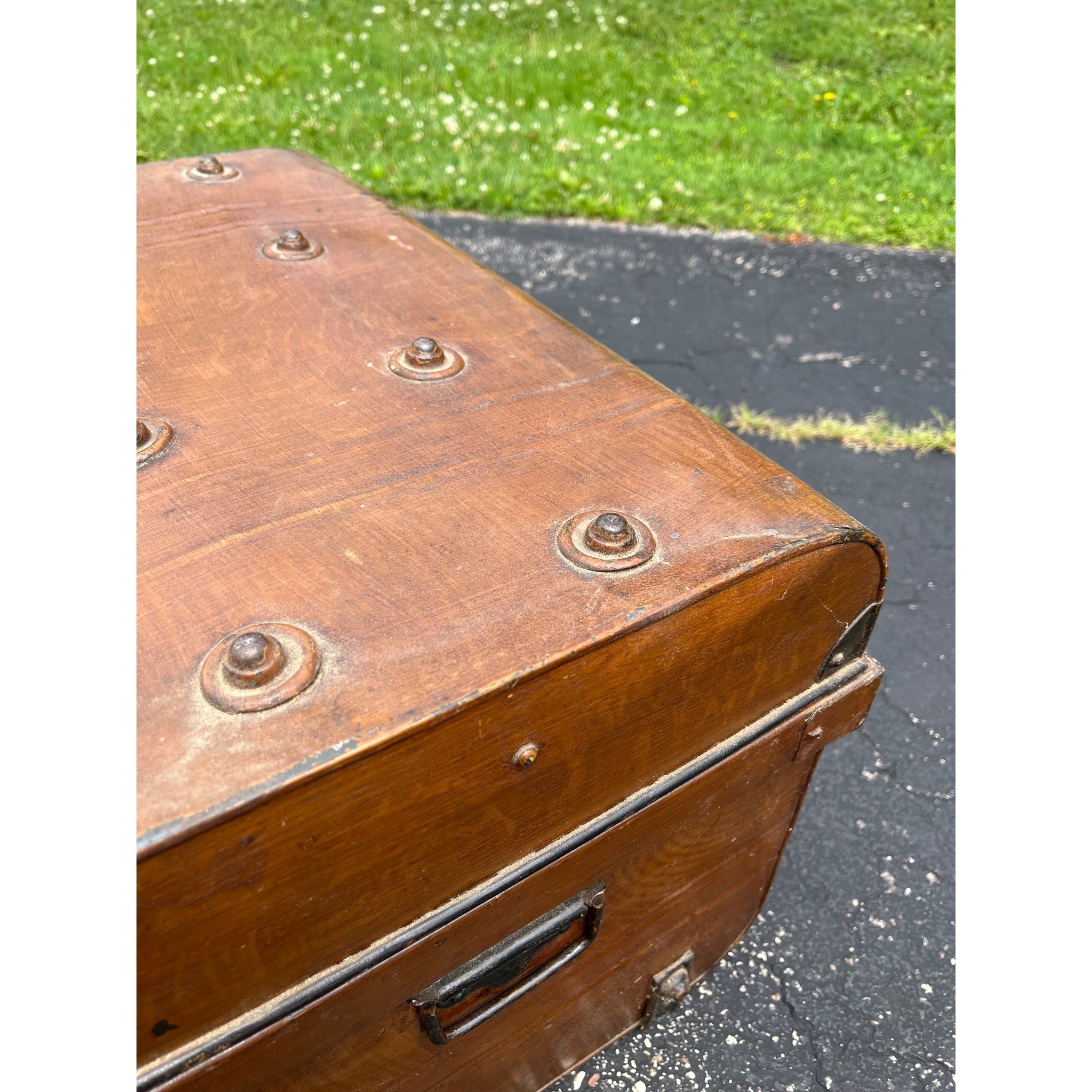 Antique Pressed Steel Model T Auto Touring Trunk Faux Leather Painted Car Chest