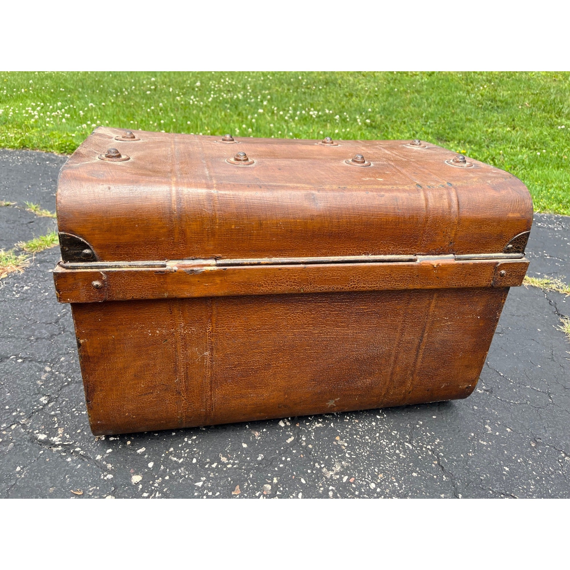 Antique Pressed Steel Model T Auto Touring Trunk Faux Leather Painted Car Chest