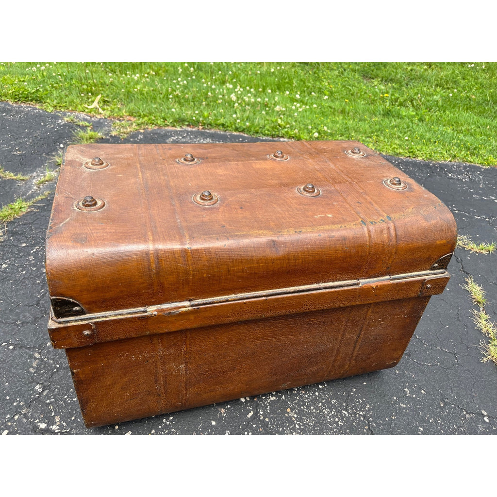 Antique Pressed Steel Model T Auto Touring Trunk Faux Leather Painted Car Chest