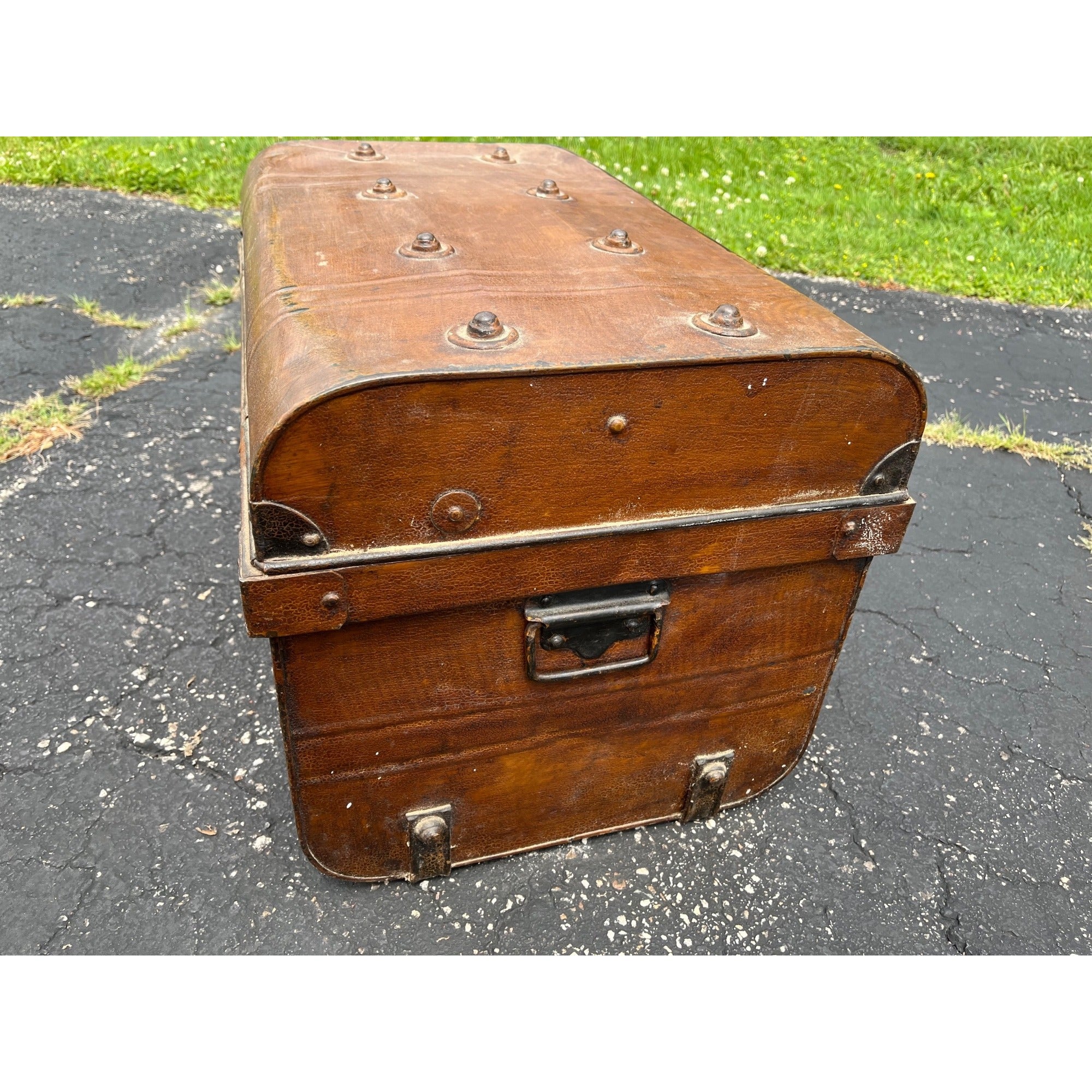 Antique Pressed Steel Model T Auto Touring Trunk Faux Leather Painted Car Chest