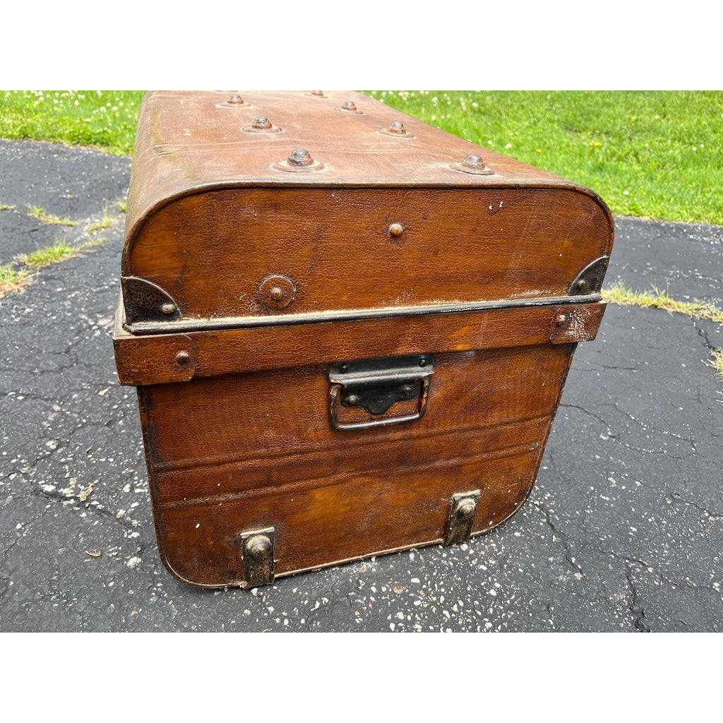 Antique Pressed Steel Model T Auto Touring Trunk Faux Leather Painted Car Chest