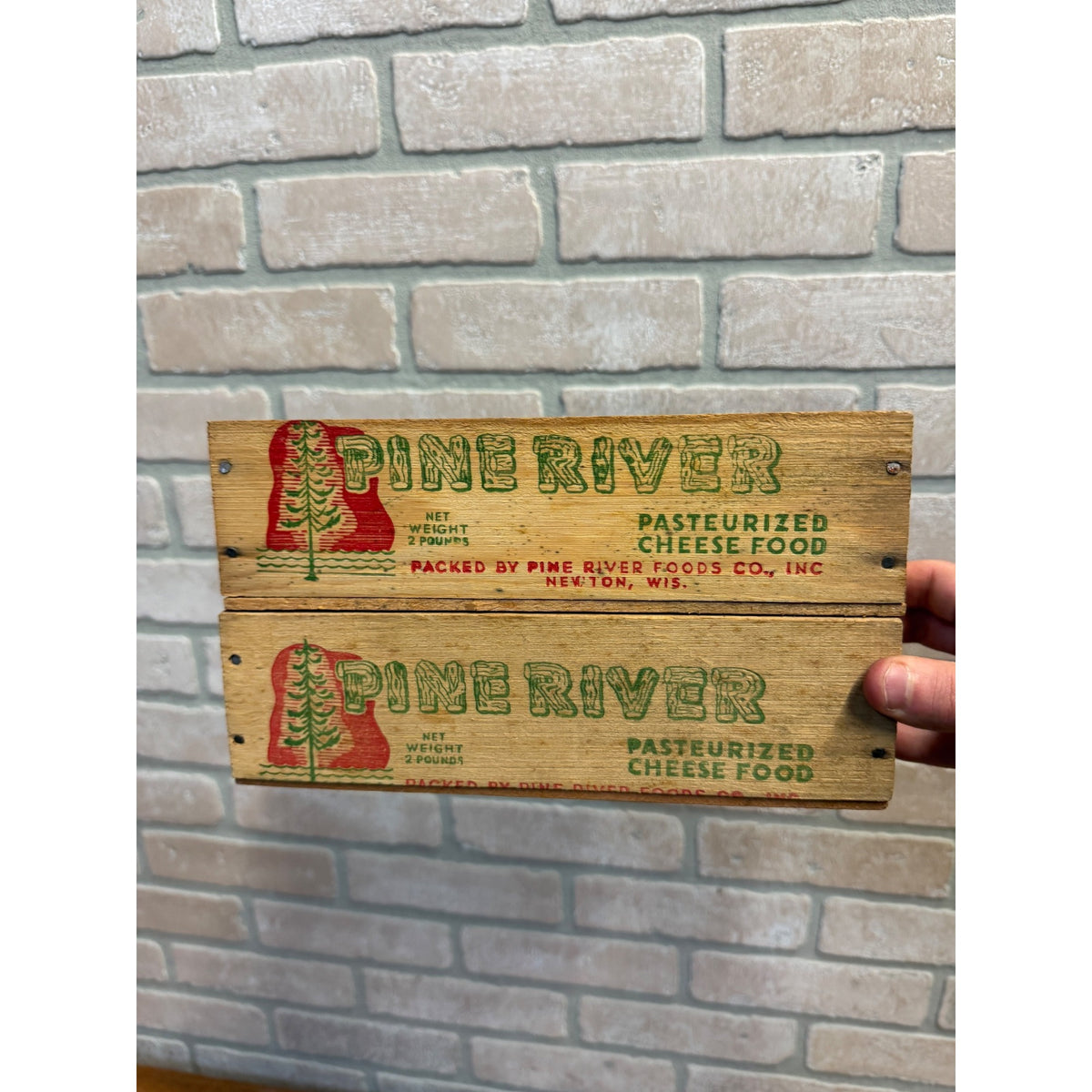 Vintage Pine River Wooden Cheese Boxes Lot (2) Newton Wis 2lb Country Kitchen Decor