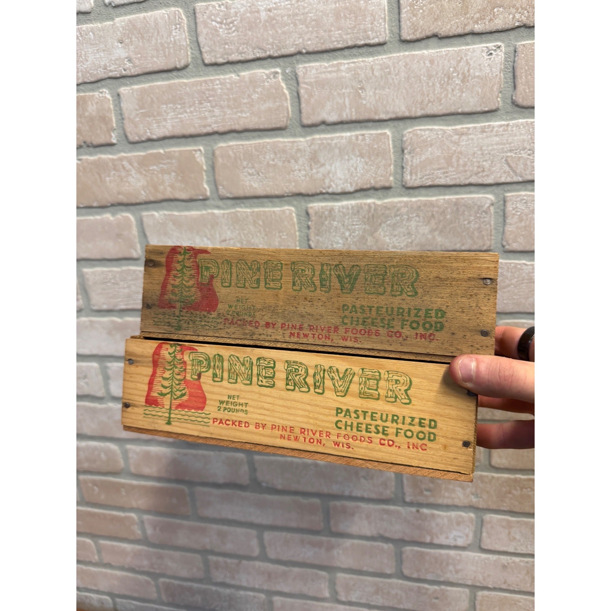 Vintage Pine River Wooden Cheese Boxes Lot (2) Newton Wis 2lb Country Kitchen Decor
