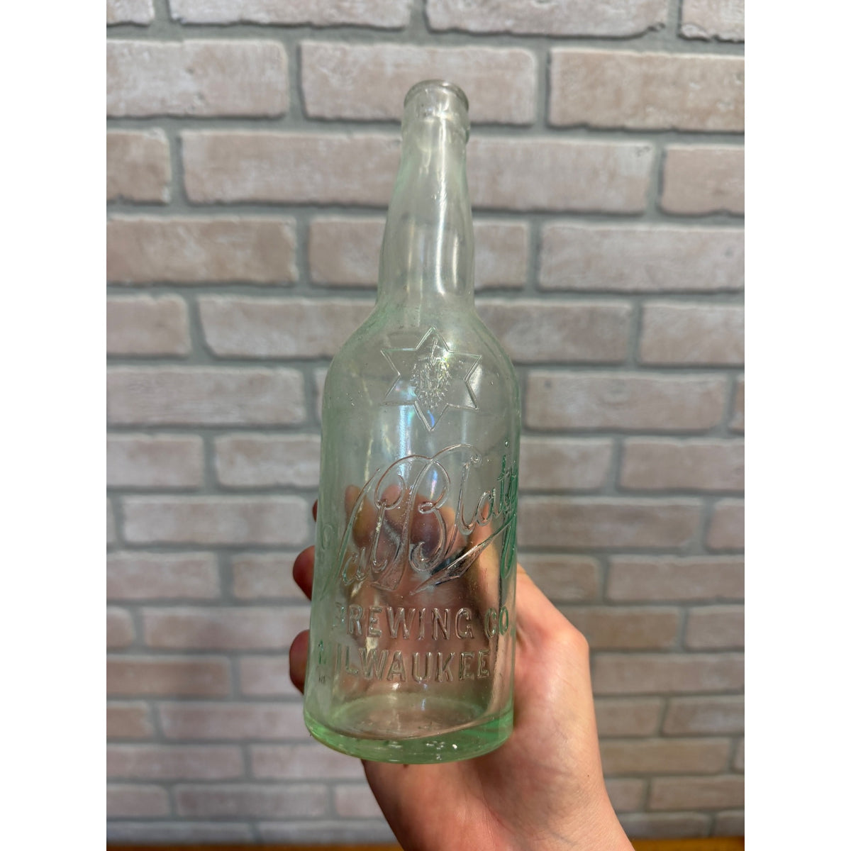 Pre-Pro Val Blatz Brewing Company Milwaukee Vintage Aqua Blue Clear Beer Bottle