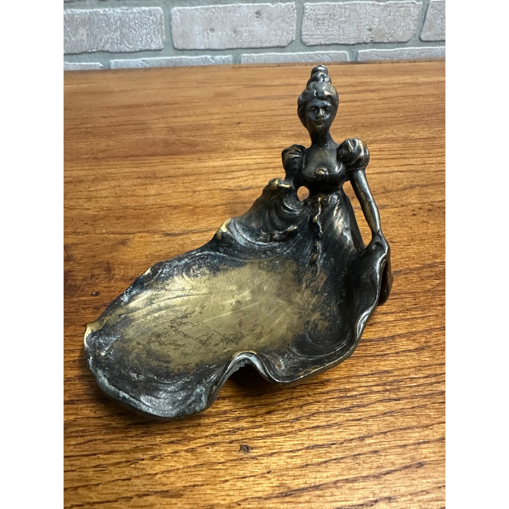 Art Nouveau Victorian Woman Flowing Dress Soap Trinket Dish Bronze
