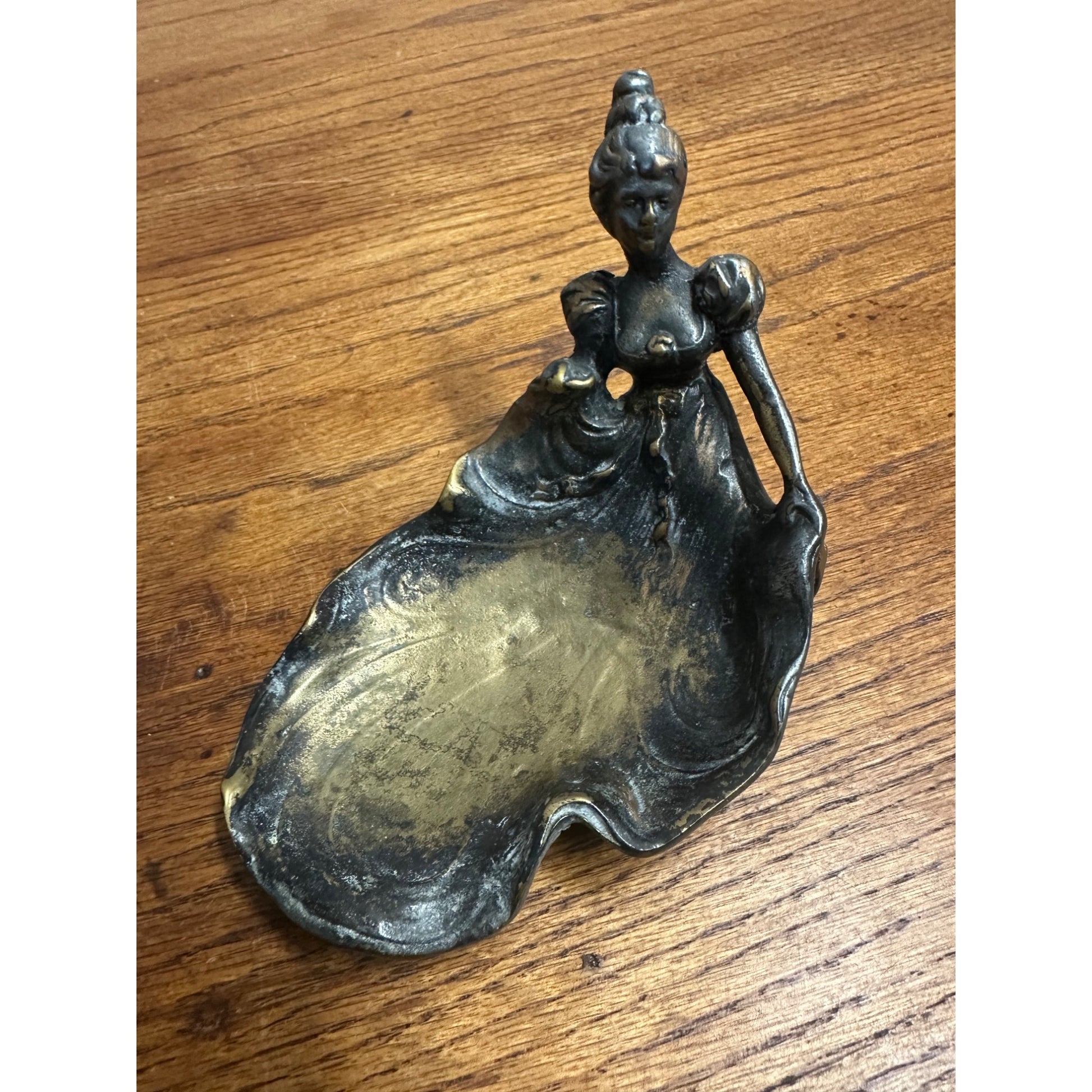 Art Nouveau Victorian Woman Flowing Dress Soap Trinket Dish Bronze