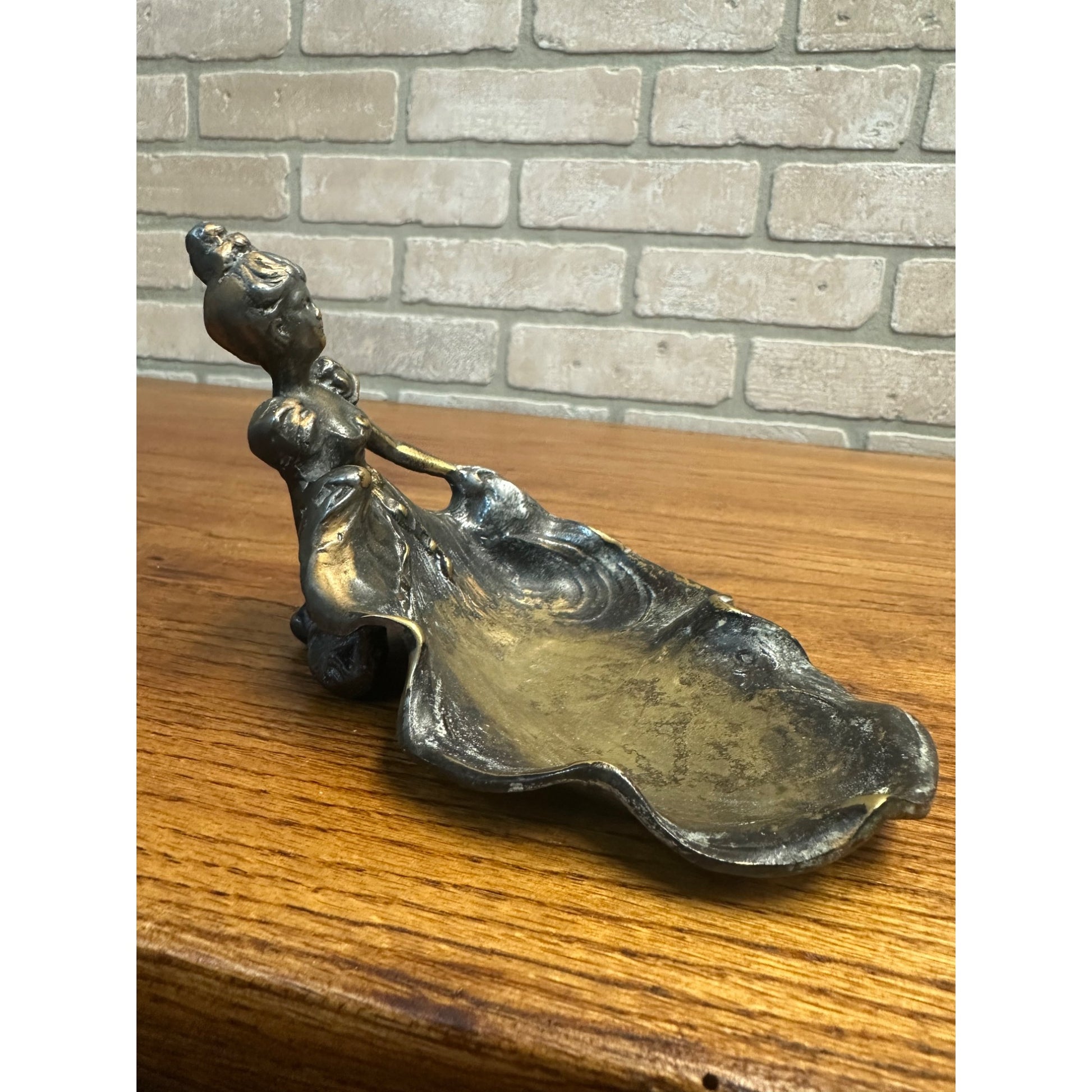 Art Nouveau Victorian Woman Flowing Dress Soap Trinket Dish Bronze