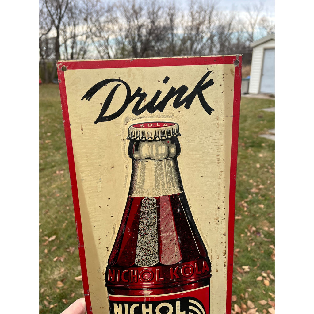 Nichol Kola Embossed Painted Metal Sign Vertical With Bottle 24x8 Inches