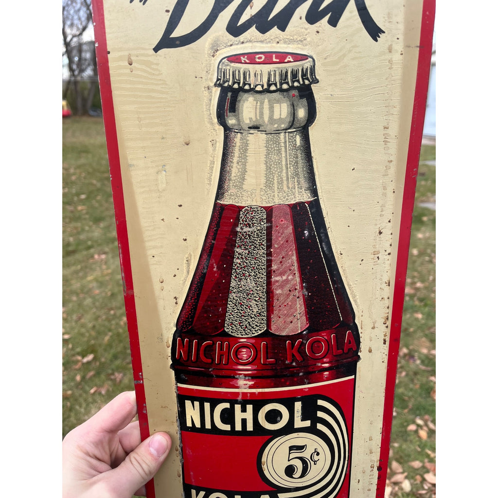 Nichol Kola Embossed Painted Metal Sign Vertical With Bottle 24x8 Inches