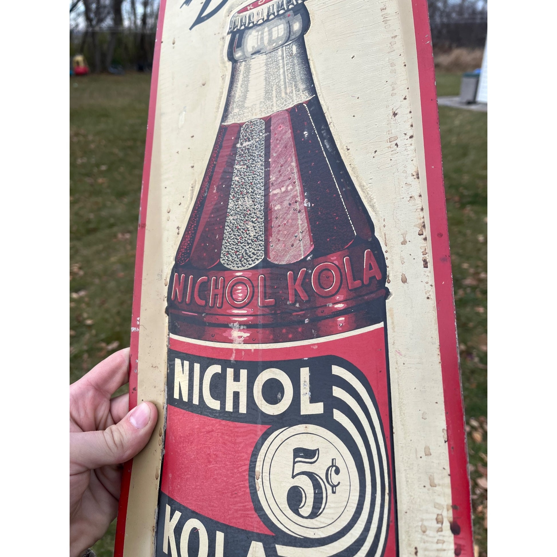 Nichol Kola Embossed Painted Metal Sign Vertical With Bottle 24x8 Inches