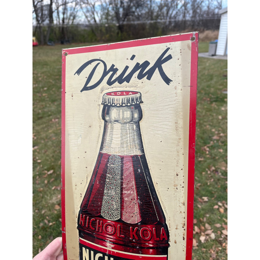 Nichol Kola Embossed Painted Metal Sign Vertical With Bottle 24x8 Inches