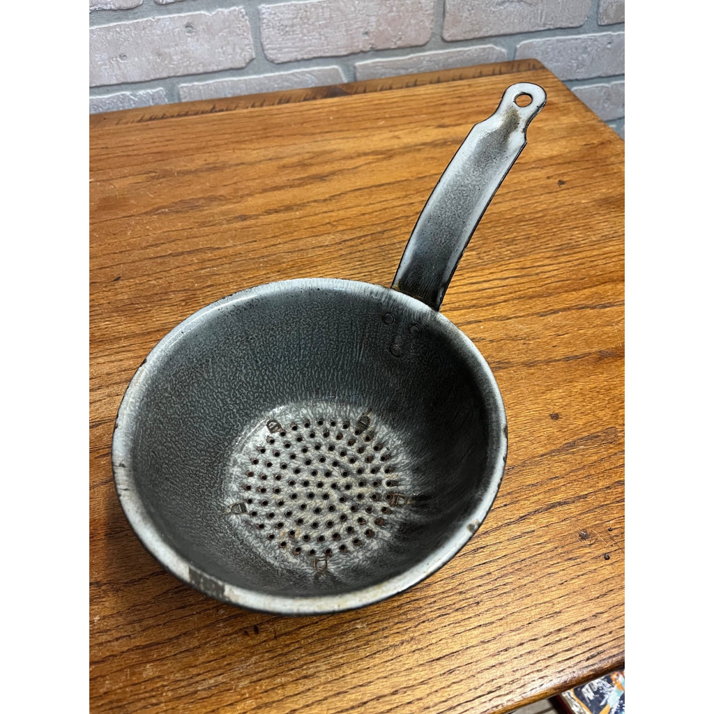 Antique Primitive Gray Enamel Graniteware Strainer Pan w/ Handle Grey Farmhouse Decor