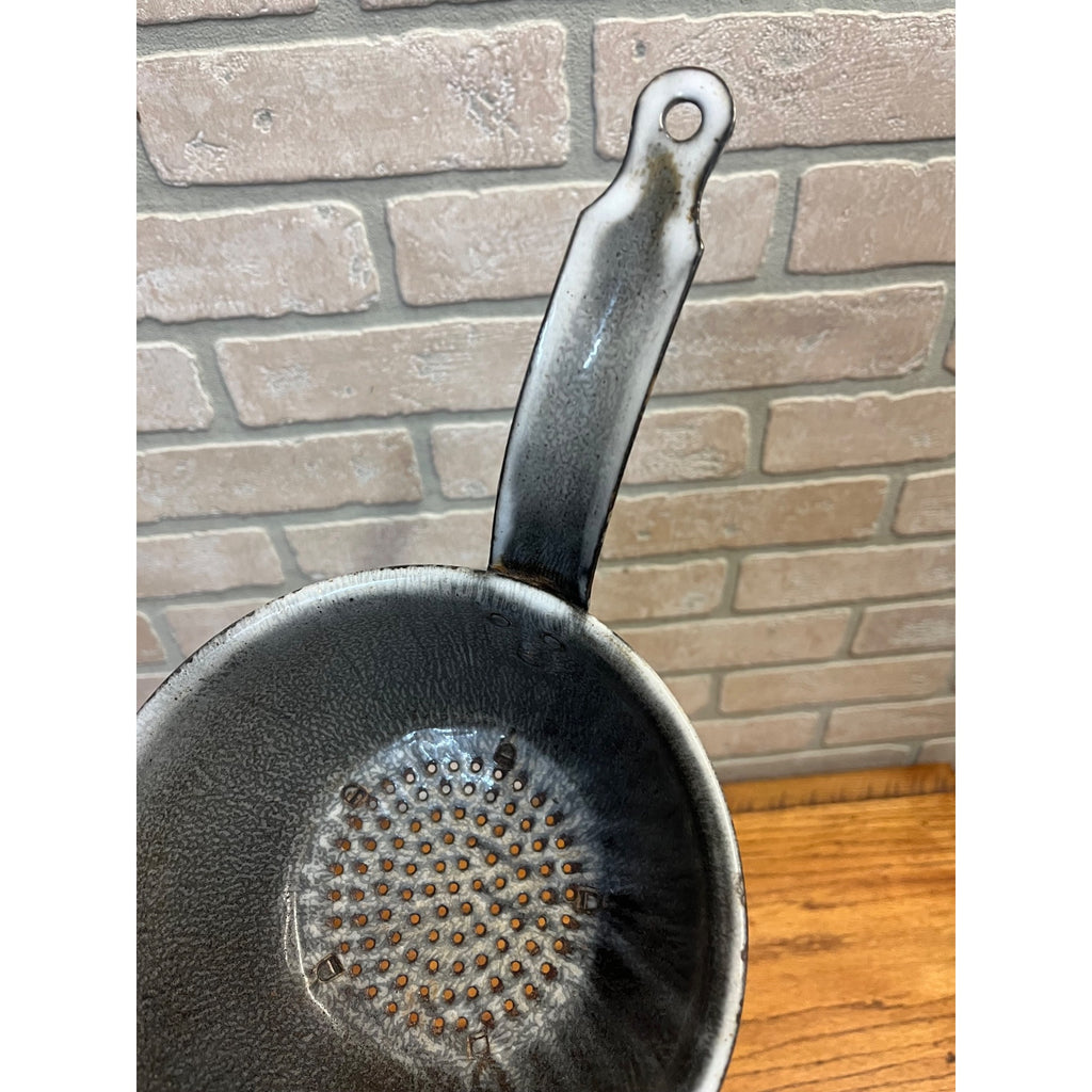 Antique Primitive Gray Enamel Graniteware Strainer Pan w/ Handle Grey Farmhouse Decor